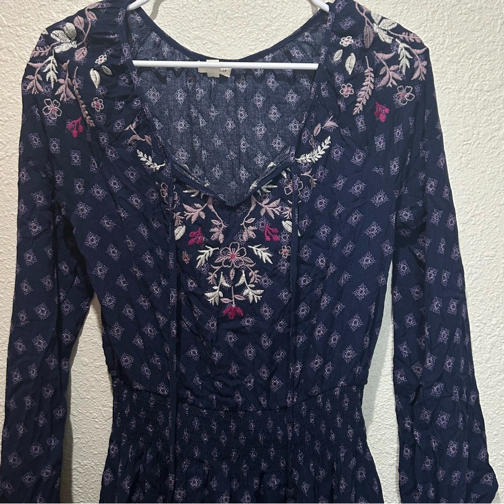 Long Sleeve Navy Floral Embroidered Maxi Dress
